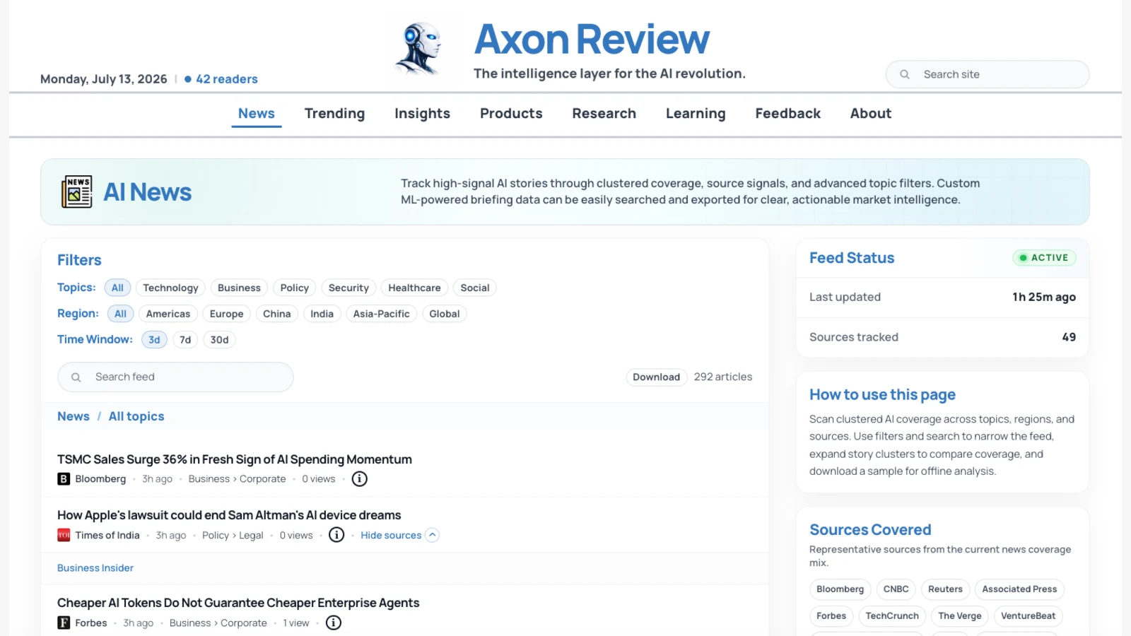 Axon Review AI news intelligence dashboard